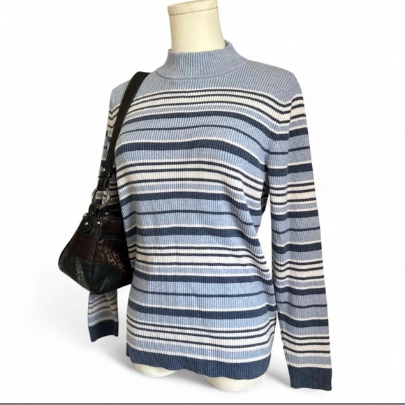 Karen Scott Tops - 90s Navy Blue White Striped Cotton Mock Neck Ribbed Sweater Size Petite Large